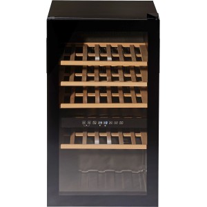 Wolkenstein Weintemperierschrank WTS49DW, schwarz, mit Holzeinlegeböden und digitalem Display.