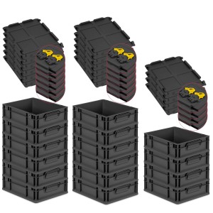 PROREGAL SuperSparSet: 16 schwarze Euroboxen mit Deckel, 11 Liter, für Lagerung & Transport.