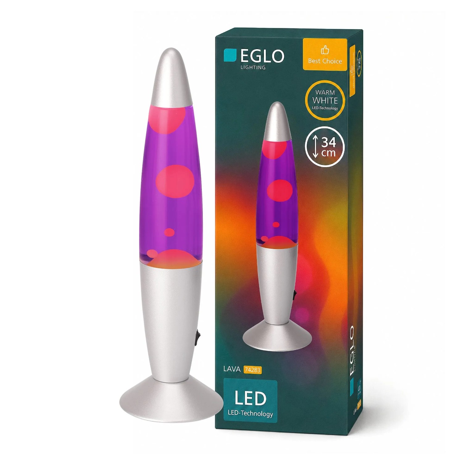Eglo LED-Tischleuchte Lavalampe in Silber mit violetter Flüssigkeit und rotem Wachs, daneben die Verpackung. 34 cm hoch.