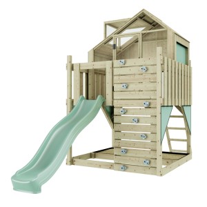 OutdoorToys Stelzenhaus Meteorit Mintgrün mit Rutsche und Kletterwand.