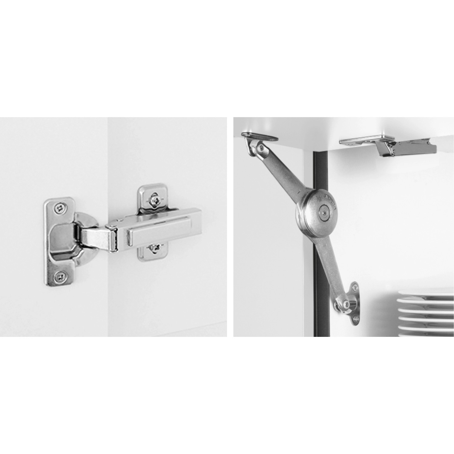 Details der Impuls Küche: Scharniere und Beschläge für sanftes Schließen der Schranktüren.