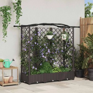 Braunes vidaXL Hochbeet mit Rankgitter, gewölbtem Dach und Rattan-Optik aus PP für Kletterpflanzen auf Terrasse/Balkon.