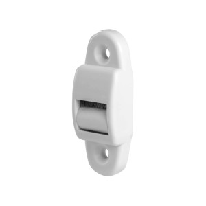 Weiße Bauheld Rollladen Gurtführung aus Kunststoff mit 14mm Rolle und integrierter Bürstendichtung.