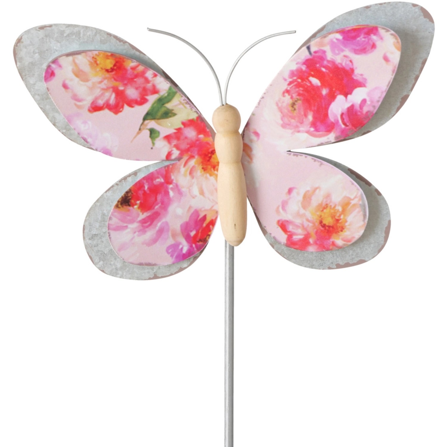 Gartenstab mit Schmetterling-Motiv, rosa Blütenmuster, aus Metall, Gartendekoration.