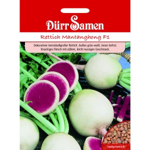Dürr Samen Rettich Mantanghong F1 Saatgut Packung mit angeschnittenen Rettich.