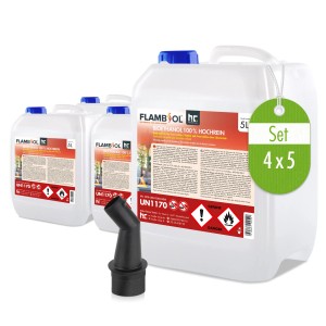 Set aus 4 Kanistern Flambiol Bioethanol 100% Hochrein, je 5l, mit Einfüllstutzen für Brennstoffe.
