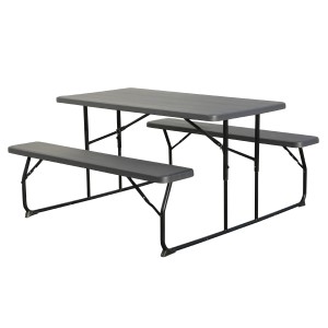 Klappbare, anthrazitfarbene Leco Bierzeltgarnitur Carina mit Tisch und zwei Bänken.