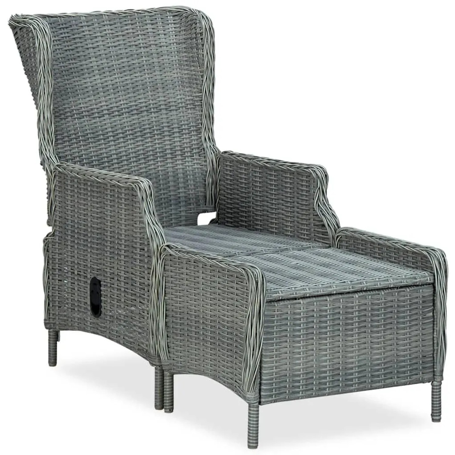 Verstellbarer, hellgrauer vidaXL Gartensessel mit Fußhocker aus Poly Rattan.