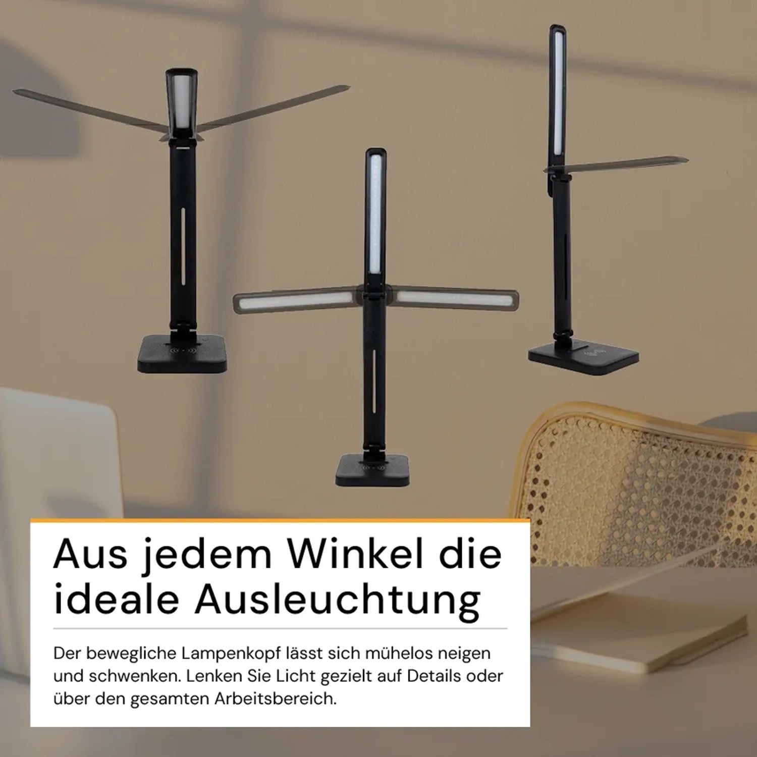 Schwarze ENOVALITE LED Schreibtischleuchte in drei flexiblen Positionen, zeigt verstellbaren Lampenkopf für optimale Ausleuchtung.