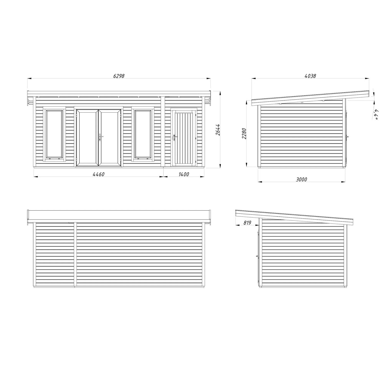 Technische Zeichnung Palmako Holz-Gartenhaus Pultdach, Maße und Ansichten des unbehandelten Gartenhauses.