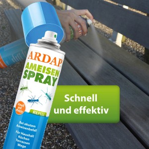 Ardap Repell Ameisenspray 400ml in Anwendung auf einer Holzbank.