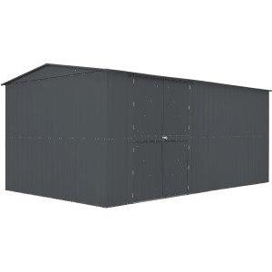 Globel Gerätehaus Worker 1510 in Anthrazit, großes Metall-Gartenhaus mit Satteldach und Doppeltür.