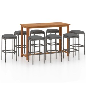 vidaXL 9-tlg. Gartenbar-Set mit Akazientisch und 8 grauen Barhockern mit Kissen.