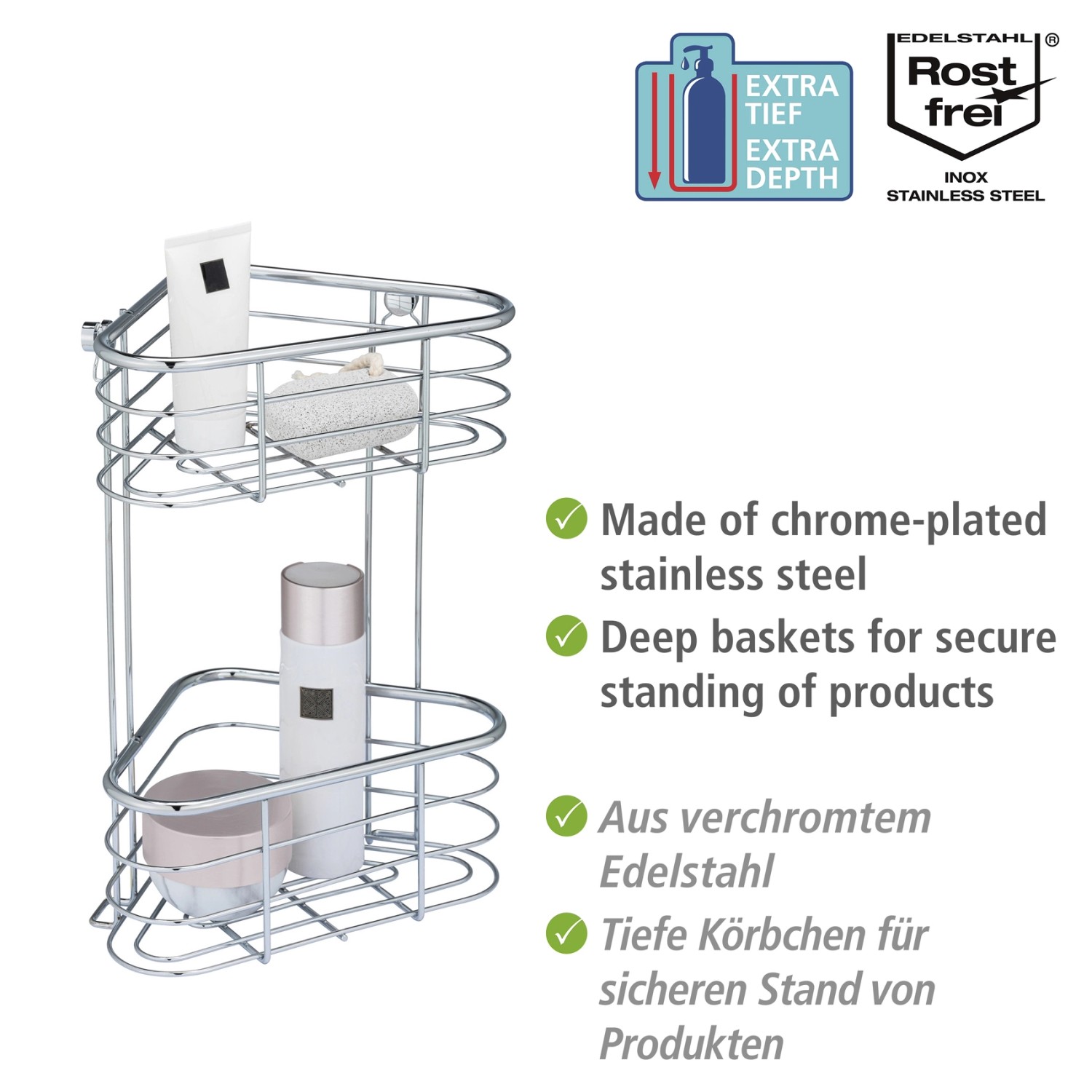 WENKO Eckregal Trestina mit 2 Etagen aus Edelstahl, Drahtdesign für Bad-Utensilien.
