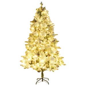 Geschmückter, beschneiter vidaXL Weihnachtsbaum mit LEDs, 225 cm hoch.