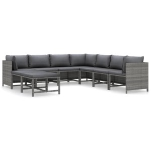 Graues 9-tlg. vidaXL Garten-Lounge-Set aus Rattan mit anthrazitfarbenen Kissen.