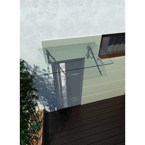 Klarglas Vordach 150x90cm mit Edelstahlhalterung über einer Haustür. Kategorie: Vordächer.