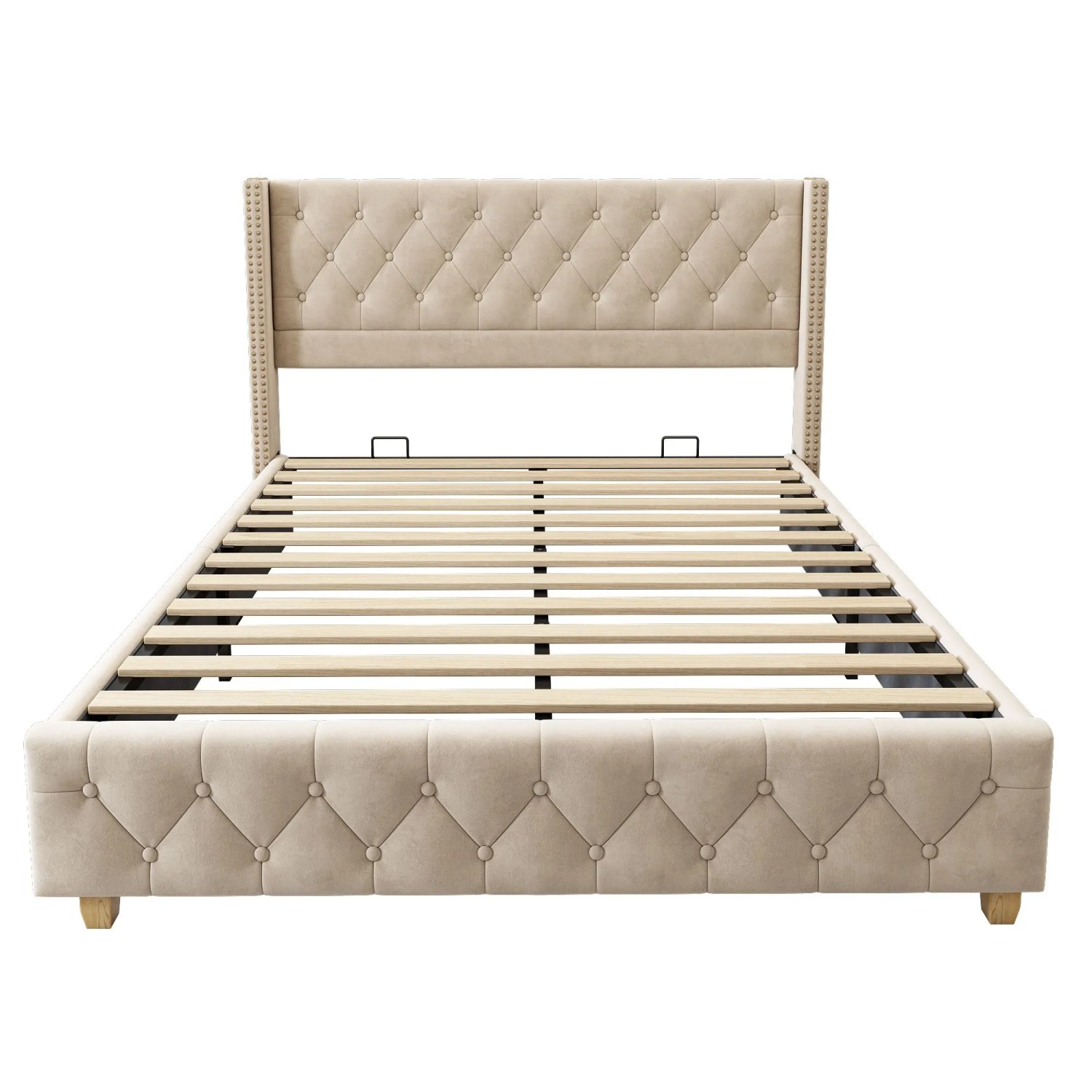 Merax Polsterbett 160x200 mit Lattenrost Knopfheftung Nieten Holzbeine Samt Hellbeige