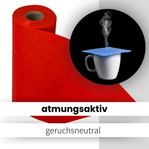 Roter Sensalux Vlies-Tischläufer (30 cm x 25 m) auf Rolle, mit Tasse im Hintergrund.
