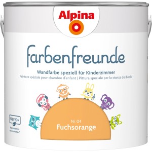 Alpina Farbenfreunde Fuchsorange, seidenmatte Kinderzimmerfarbe im weißen Eimer.