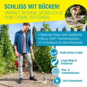 Gloria Thermoflamm bio Professional Plus Unkrautbrenner mit Schlauch im Einsatz.