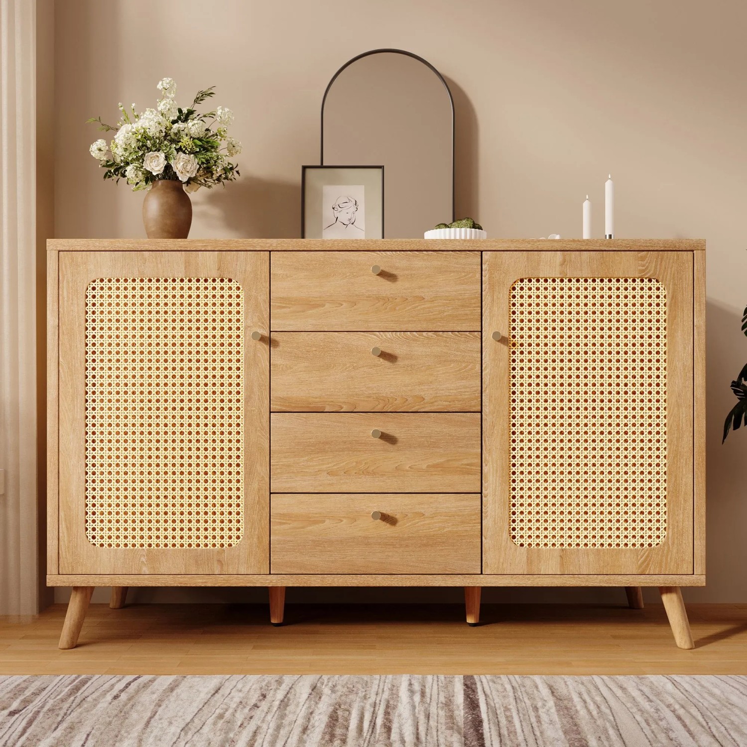 Merax Sideboard 140x40x86cm Rattan Optik Eiche_2