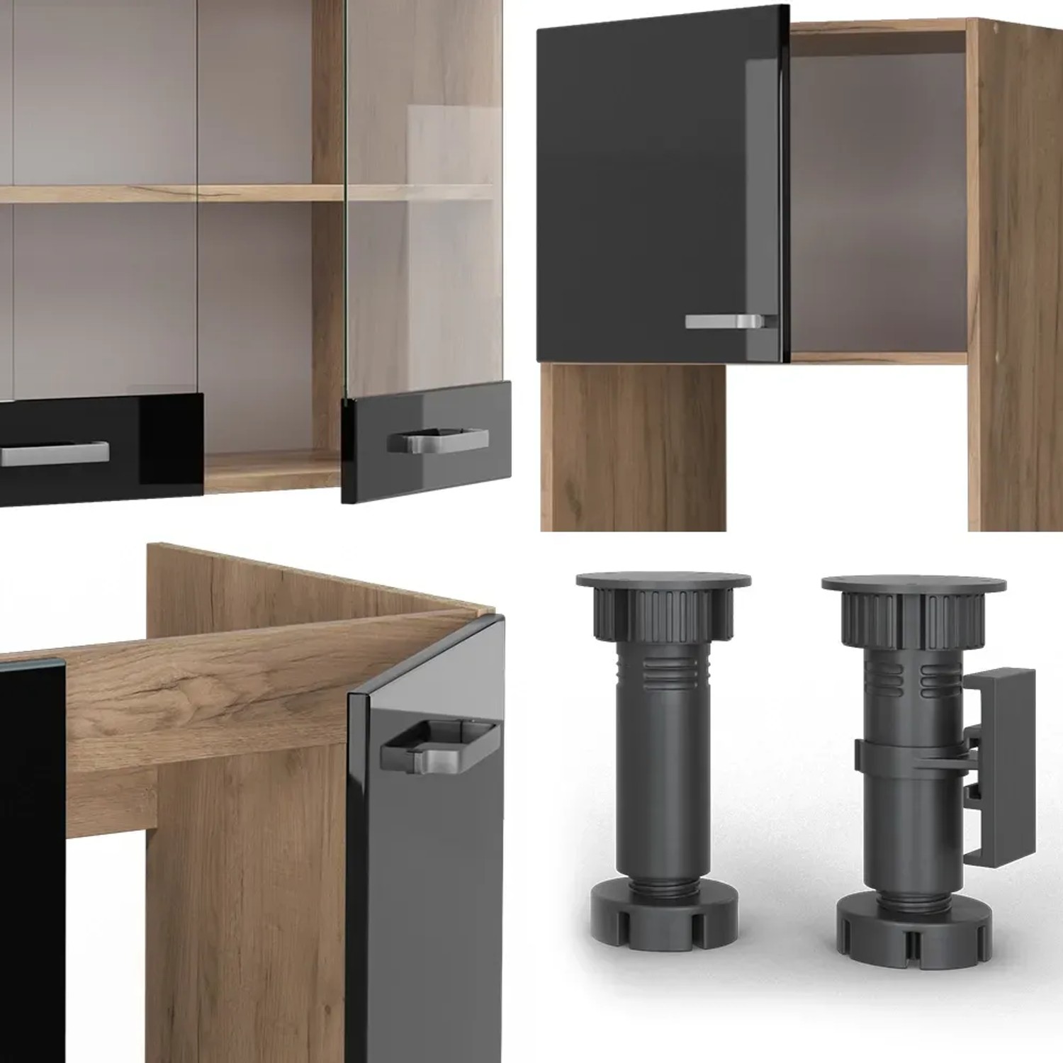 Vicco R-Line Einbauküche in Schwarz Hochglanz/Goldkraft Eiche, Details und Füße.