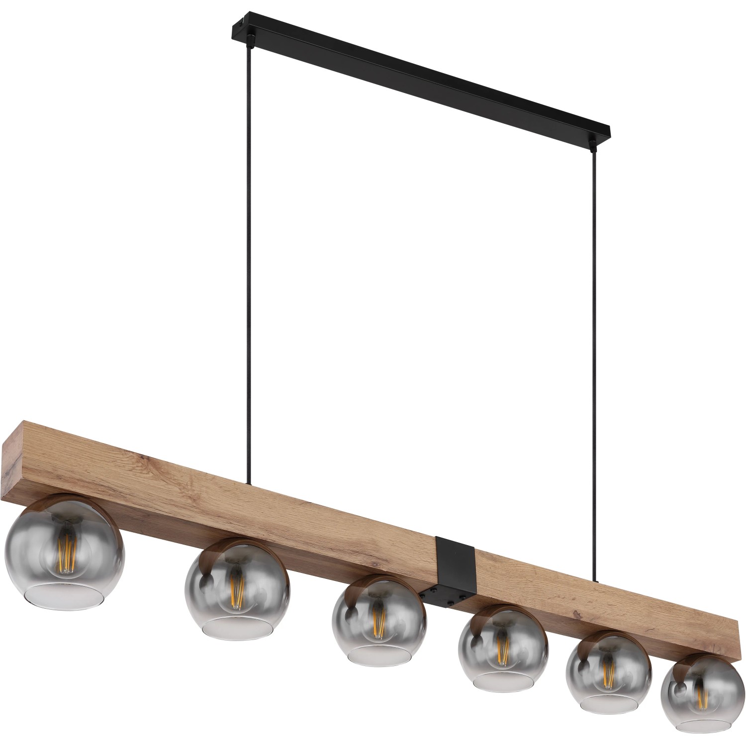 Moderne Globo Pendelleuchte Moitas, 6-flammig, schwarz matt mit rauchfarbenen Glasschirmen.