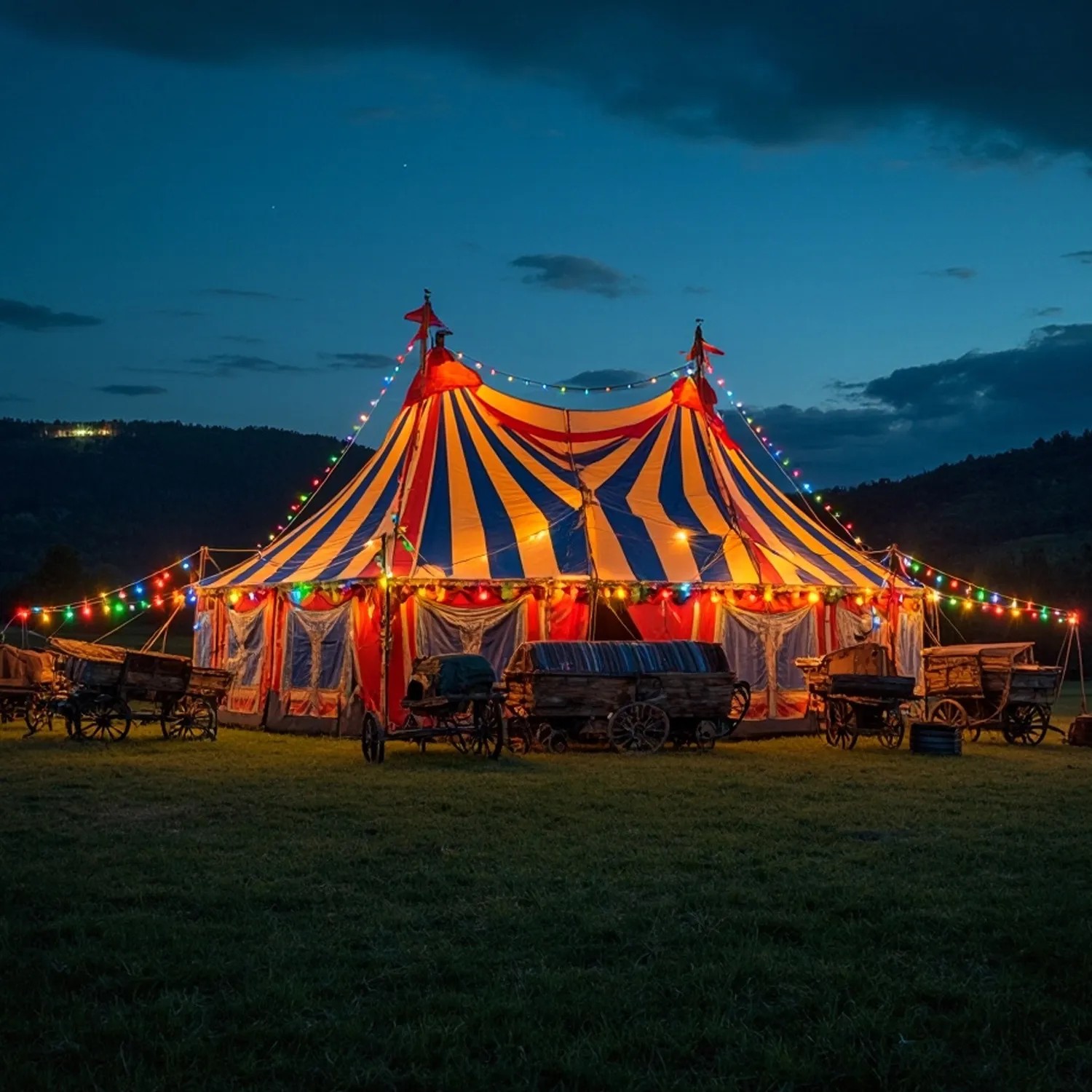 Illu Partylichterkette: Buntes Zirkuszelt mit 5 LED Kugellampen im Biergarten.