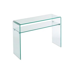 Gebogener Konsolentisch Stileos aus transparentem Sicherheitsglas mit einer Ablage. Moderner Wohnzimmertisch.
