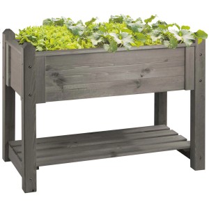 Graues Wilk Kräuter-Hochbeet Premium aus Holz mit Ablage und Bepflanzung.