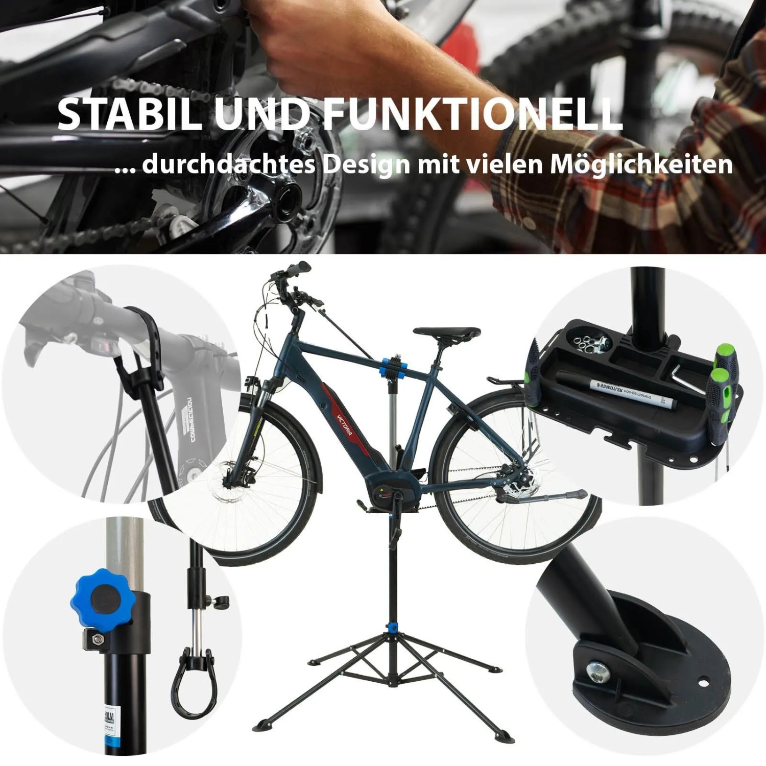 TRUTZHOLM Fahrradmontageständer mit Werkzeugablage für Wartung und Reparatur.