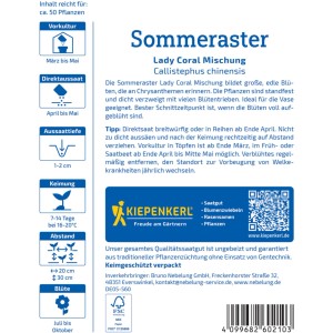 Kiepenkerl Sommeraster Lady Coral Mischung Saatgut Packung mit Infos zu Aussaat und Blütezeit.
