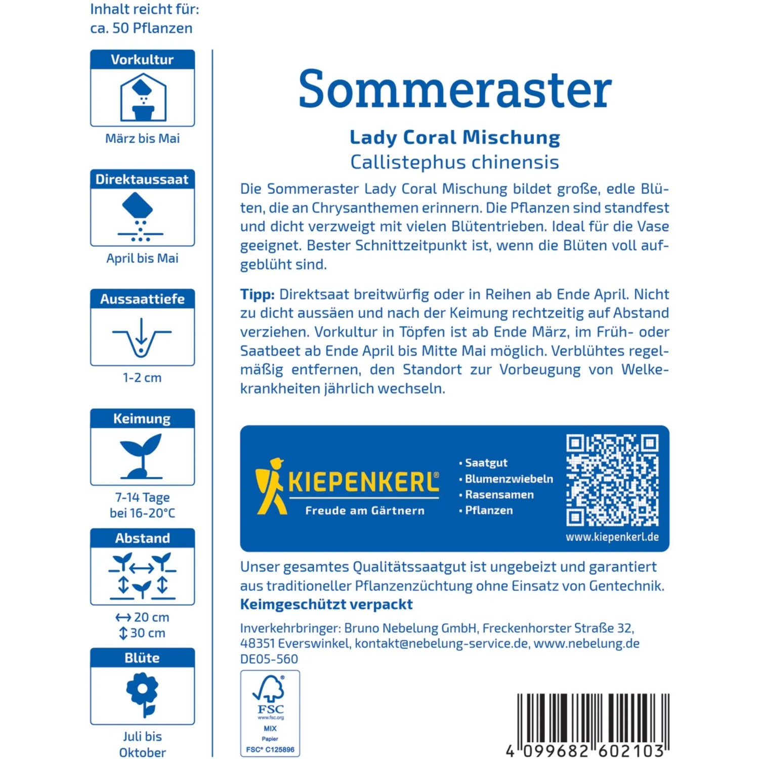Kiepenkerl Sommeraster Lady Coral Mischung Saatgut Packung mit Infos zu Aussaat und Blütezeit.
