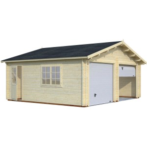 Palmako Holzgarage Roger mit Sektionaltor, naturbelassen. Doppelgarage aus Fichtenholz mit Fenster und Tür.