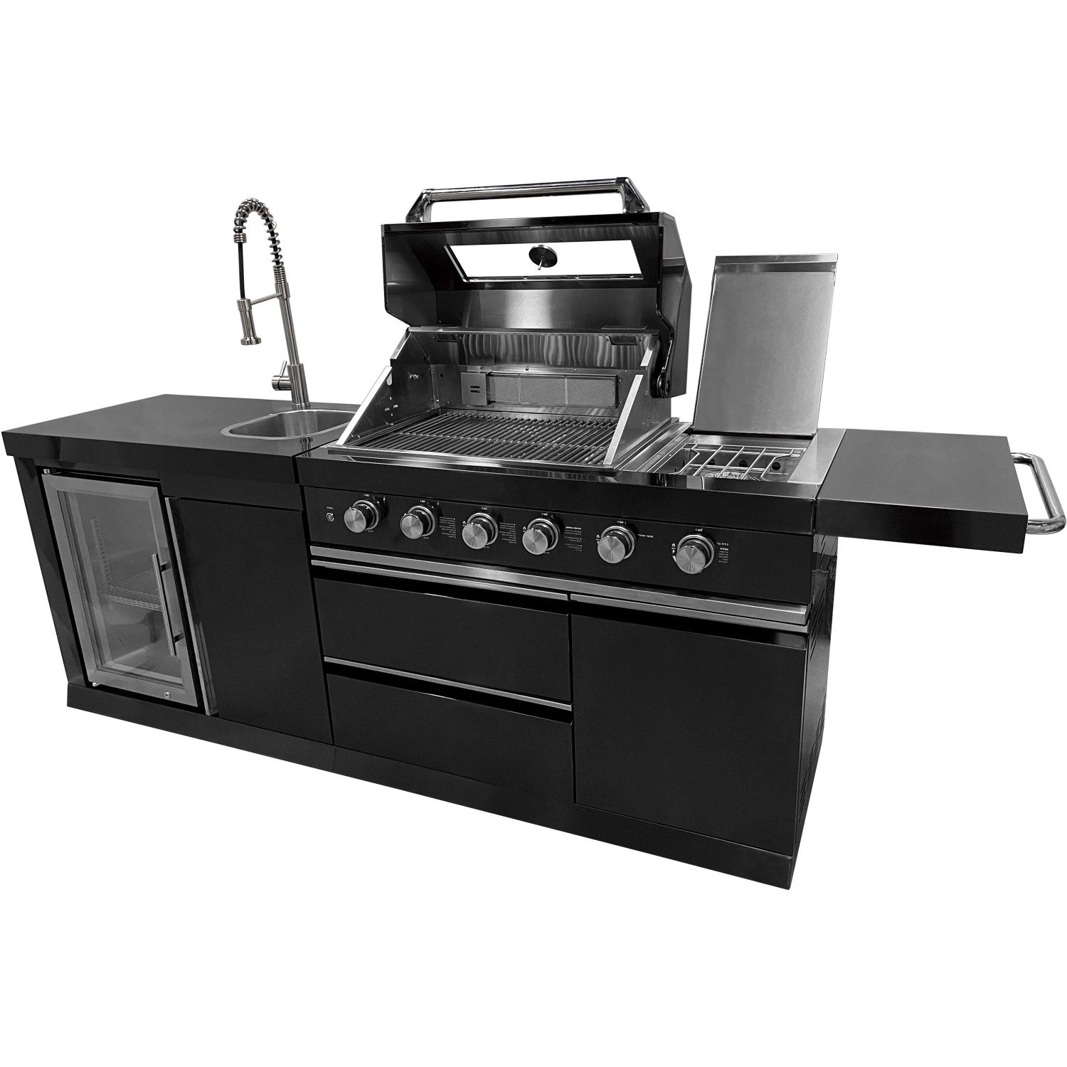 Buschbeck Outdoorküche Cambridge mit Gasgrill, Spüle, Getränkekühlschrank und Seitenbrenner.