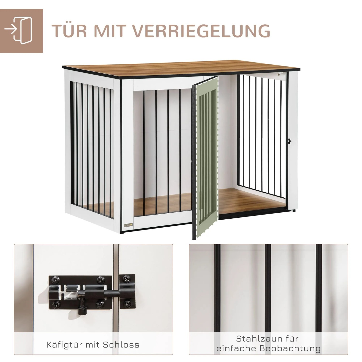 PawHut Hundekäfig Hundebox Innen Dunkelwalnuss Weiß 106 x 60 x 76 cm_5