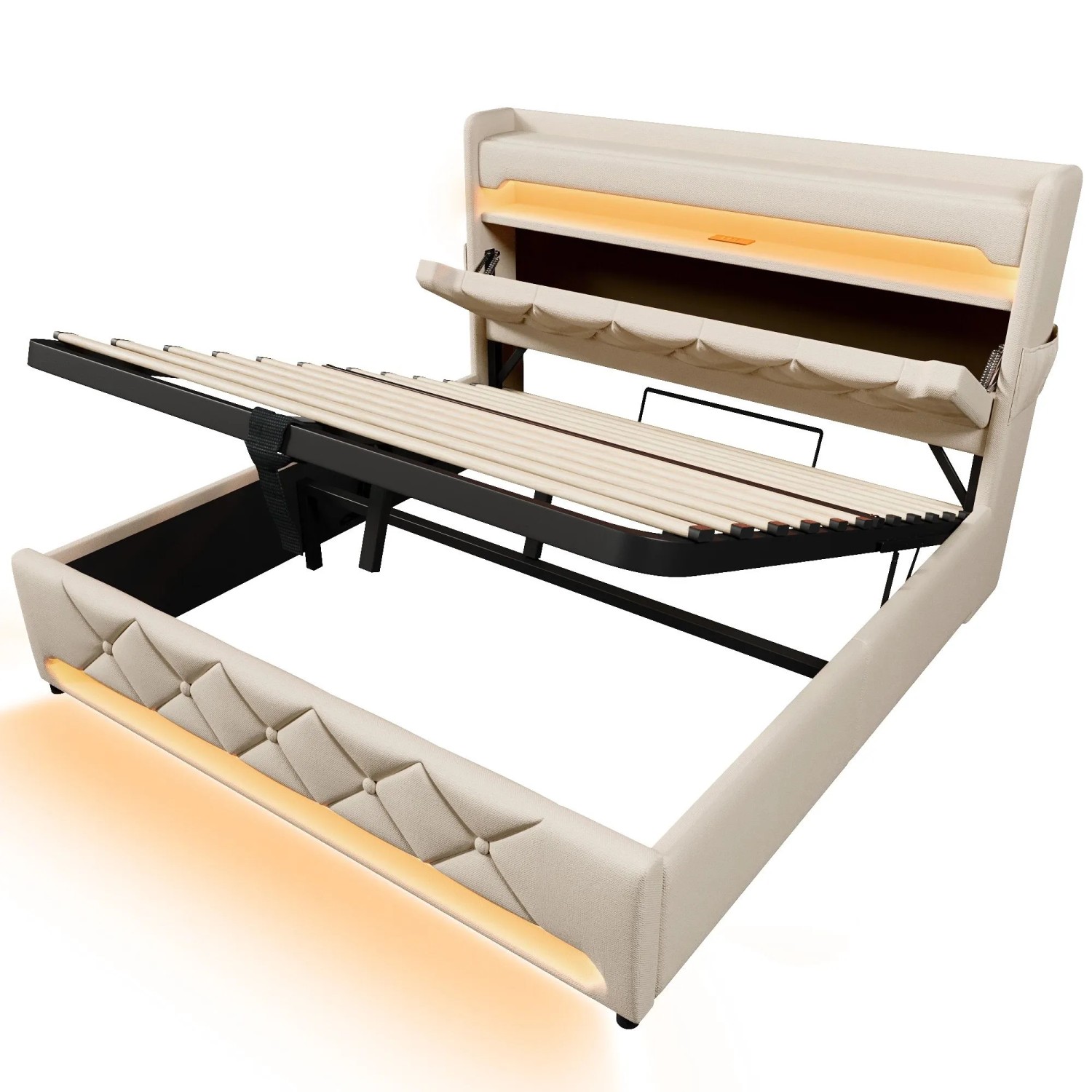 Merax Polsterbett 140x190cm 360 LED USB-C Hydraulik Beige