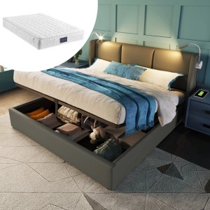 Graues Polsterbett 160x200cm mit USB-Kopfteil, Leselampen und aufklappbarem Stauraum. Inklusive Matratze.