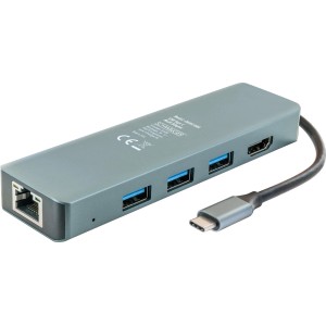 Schwaiger USB 3.0 Hub: Kleiner, grauer Datenhub mit USB-C Anschluss, USB-A Ports, HDMI und LAN Anschluss.