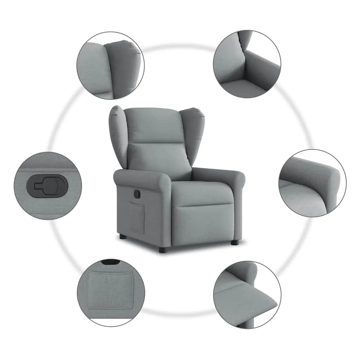 Hellgrauer Relaxsessel aus Stoff mit verstellbarer Rückenlehne, Fußteil und praktischer Seitentasche. Ideal als Loungesessel.
