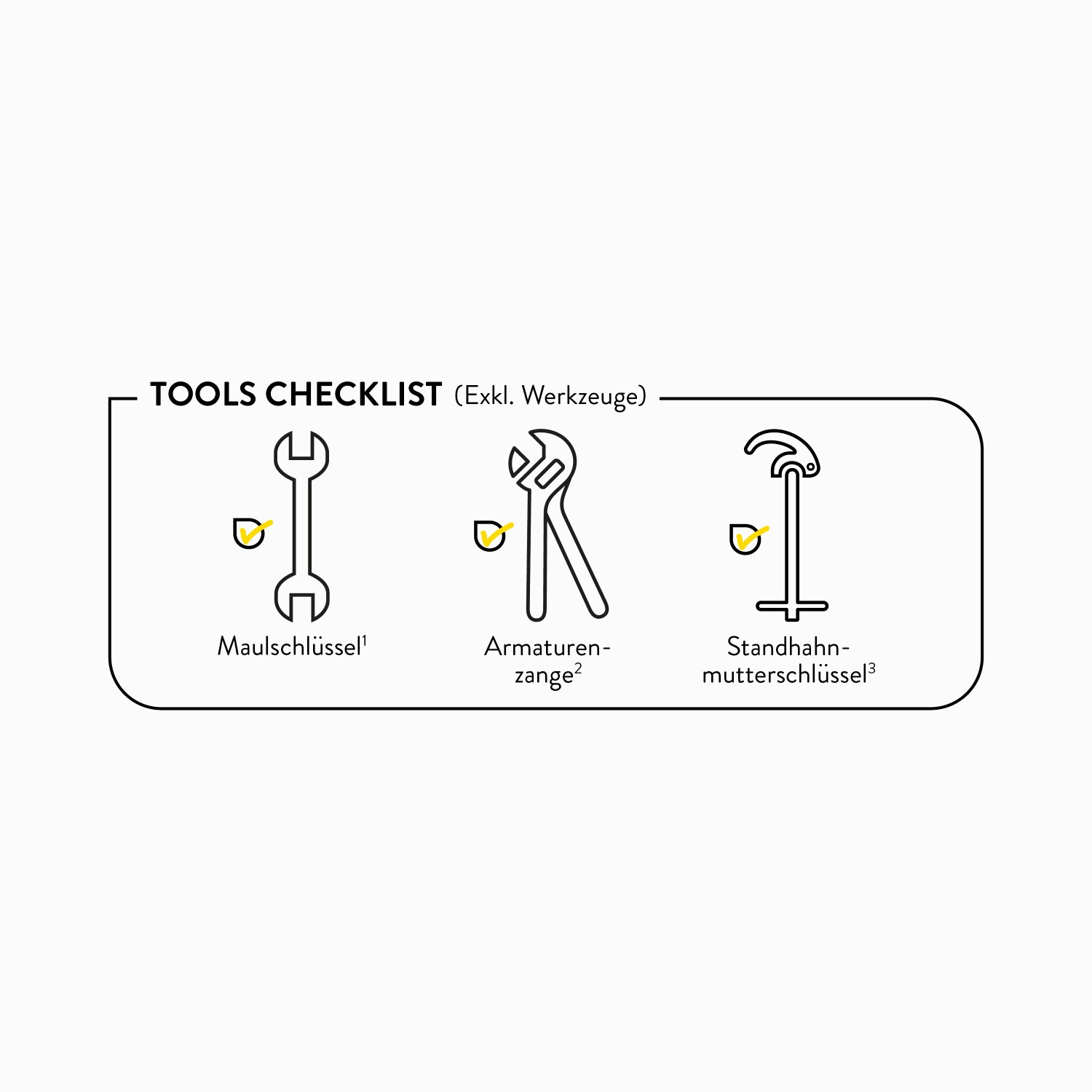 Checkliste Werkzeuge: Maulschlüssel, Armaturenzange, Standhahnmutterschlüssel.