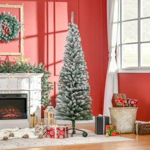 Schlanker, schneebedeckter Furnicato Kunst-Weihnachtsbaum, 180 cm, im Wohnzimmer.