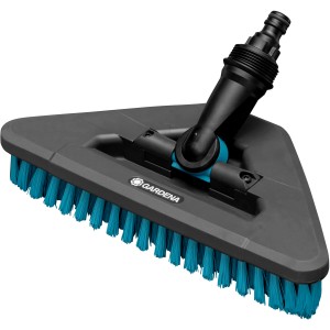 Gardena Cleansystem Stielbürste Hard Flex, anthrazit, mit dreieckigem Bürstenkopf und blauen Borsten.