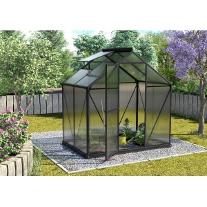 Vitavia Gewächshaus Triton 2500, schwarzer Rahmen, 2,5 m² mit Fundamentrahmen im Garten.