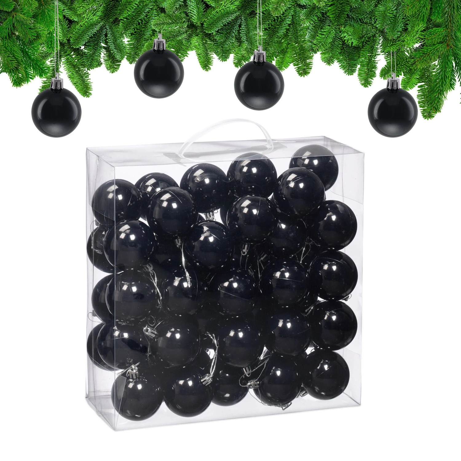 Relaxdays Weihnachtskugeln 50er Set Kunststoff Schwarz Glänzend 7 cm x ø 6 cm