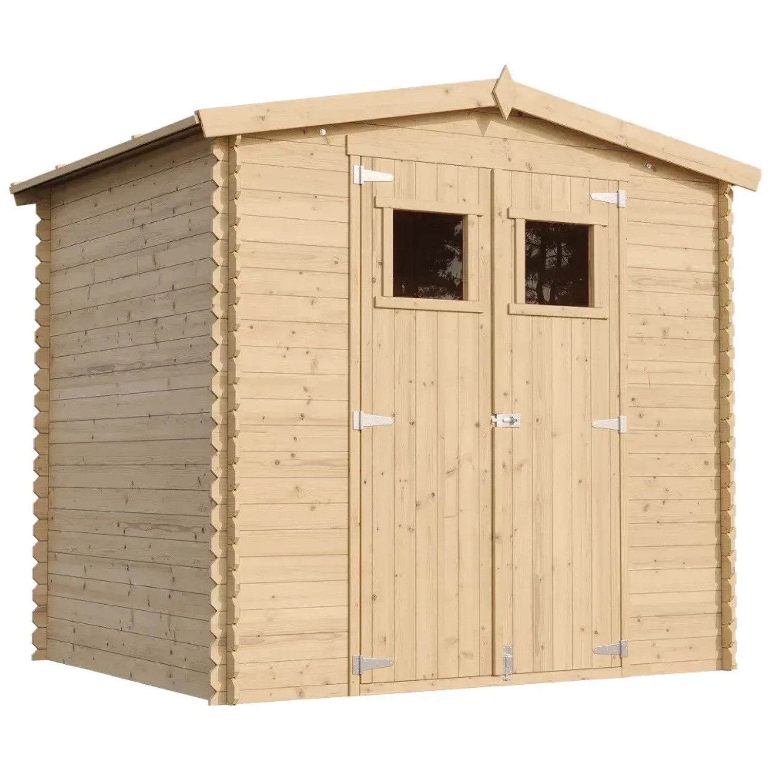 Timbela Gartenhaus M369+M369G aus Holz, 4,33 m² mit Doppeltür und zwei Fenstern.