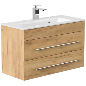 Posseik Badmöbel-Set Portus 800 SlimLine in Eiche Gold mit Waschbecken und zwei Schubladen.