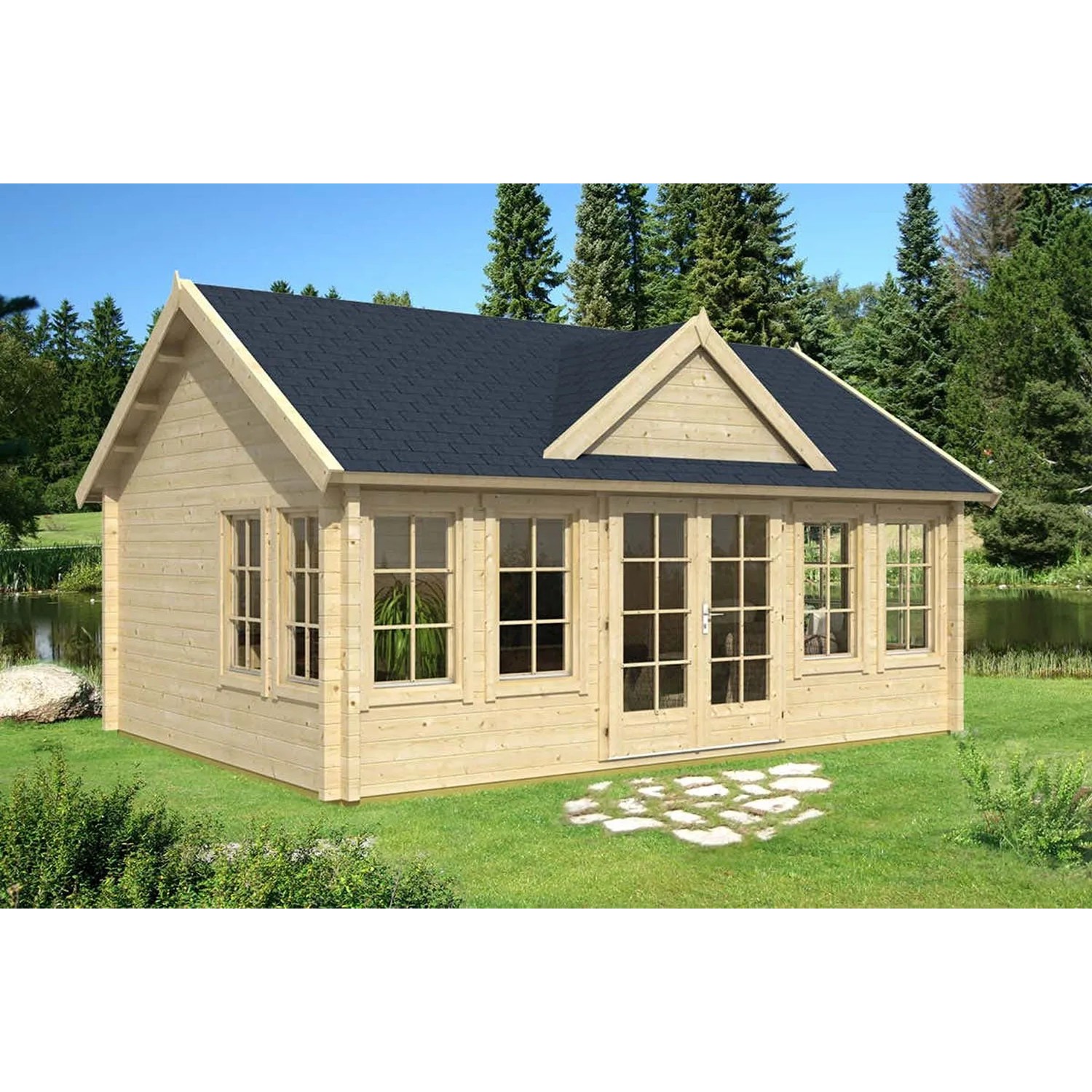 Unbehandeltes Alpholz Gartenhaus Clockhouse-XL mit Satteldach (570x420cm).