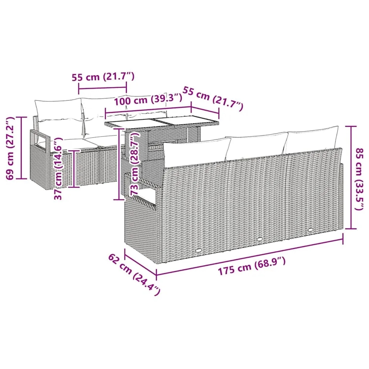 vidaXL Gartenmöbel-Set, 7-teilig, schwarz, Poly Rattan, mit Maßangaben.